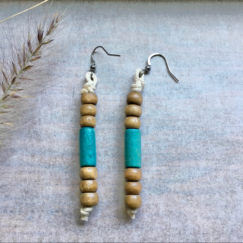 Stacked Natural Aqua Wood Beads Dangle Earrings 19$